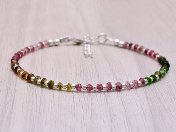 Watermelon Tourmaline Bracelet, Sterling Silver Gold Filled Beads, Watermelon Tourmaline Jewelry, Shaded, Ombre, October Birthstone