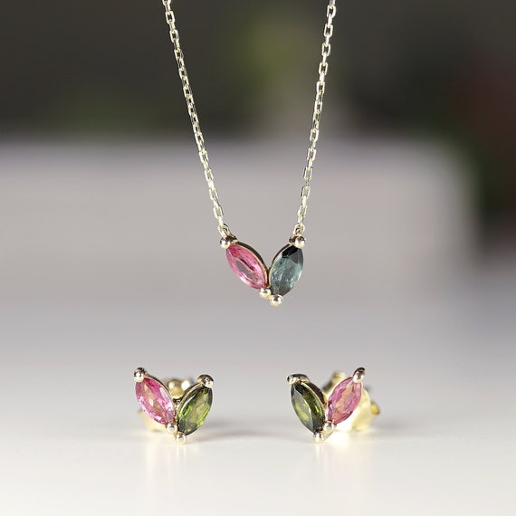 Watermelon Tourmaline Necklace 14k Gold, Marquise Cut Green Tourmaline & Pink Tourmaline Necklace, Mothers Day Gift For Her