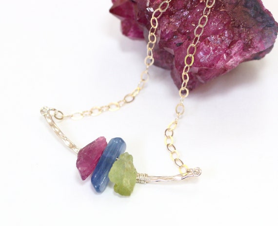 Watermelon Tourmaline Necklace, Raw Tourmaline Necklace, Unique Gifts For Friends, Hammered Bar Necklace, Raw Stone Jewelry, Birthday Gift