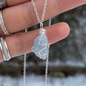 Shop Celestite Jewelry! Wire Wrapped Raw Celestite Necklace, Raw Celestite, Rough Celestite, Rough Crystal, Raw Crystal Necklace, Rough Wire Wrapped, Hand Wrapped | Natural genuine Celestite jewelry. Buy crystal jewelry, handmade handcrafted artisan jewelry for women.  Unique handmade gift ideas. #jewelry #beadedjewelry #beadedjewelry #gift #shopping #handmadejewelry #fashion #style #product #jewelry #affiliate #ad