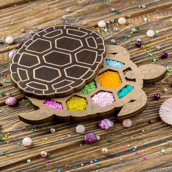 Wood Bead Organizer Tray With Wooden Lid "turtle", Seed Bead Storage Container Case, Bead Box, Beading Tools