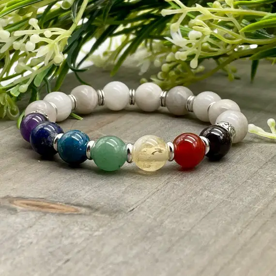 White Lace Agate Seven Chakra Bracelet | Genuine Multiple Crystal Gemstone Bead Bracelet, 10 Mm Stones | Meditation Bracelet