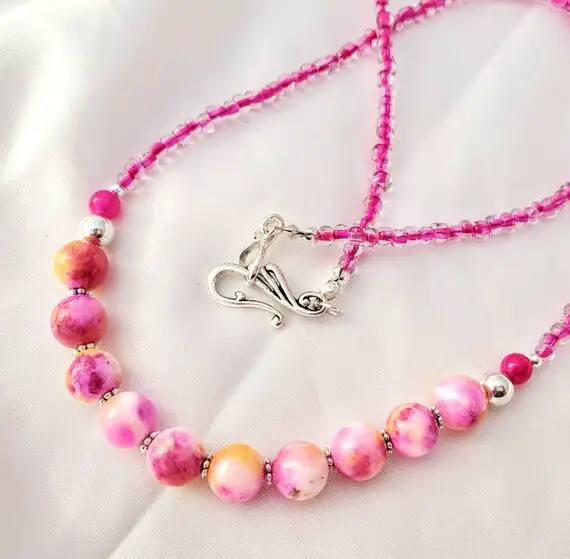 Hot Pink, Coral & Yellow, Minimalist Fairy Agate Gemstone Necklace. Long, Handmade Jewelry. Simple, Everyday Style. Perfect For Layering