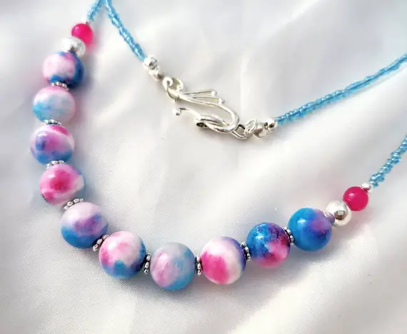 Neon Turquoise Blue, Hot Pink Minimalist Unicorn Agate Gemstone Necklace. Long, Handmade Jewelry. Simple, Everyday, Perfect For Layering