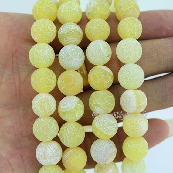 6-10mm Yellow Weathered Agate Gemstone, Round Smooth Loose Beads, Crackle Style Beads, Net Shape Surface, Wholesale Beads--15 Inches--ms0051