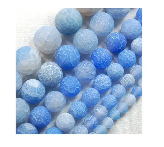 Natural Matte Frosted Light Blue Fire Crackle Agate Beads, 4mm 6mm 8mm 10mm 12mm 14mm 16mm Stone Round Jewelry Gemstone Beads Jewelry Making