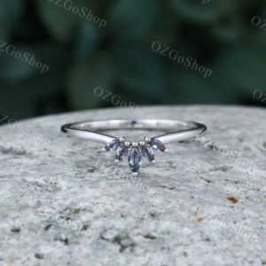 Alexandrite Curved wedding band Solid 14K white gold wedding ring marquise cut ring stacking matching ring anniversary ring for women | Natural genuine Gemstone rings, simple unique alternative gemstone engagement rings. #rings #jewelry #bridal #wedding #jewelryaccessories #engagementrings #weddingideas #affiliate #ad