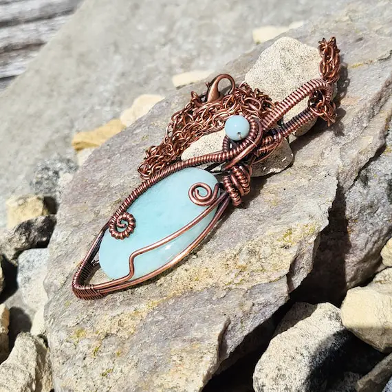 Antiqued Copper Shimmering Amazonite Pendant - Wire Wrapped Pendant - Amazonite Bead - Gift For Her - Oval - P0322