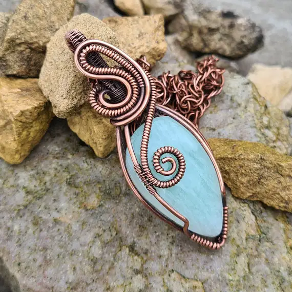 Antiqued Copper Amazonite Pendant - Wire Wrapped Pendant - Teardrop - Gift For Her - P0268