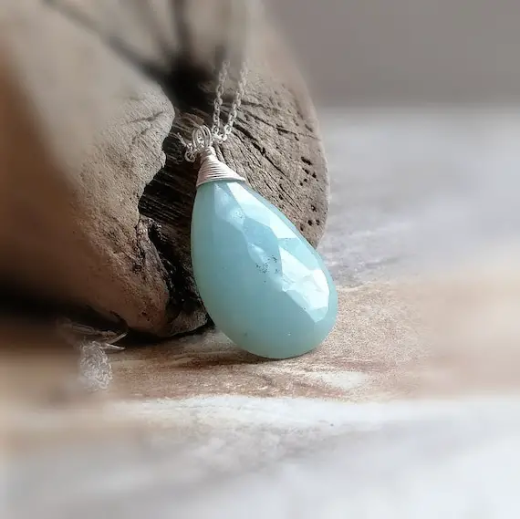 Good Luck Amazonite Necklace,  Large Blue Amazonite Wire Wrap Pendant, Gemstone Necklace, Silver Necklace Gifts For Her