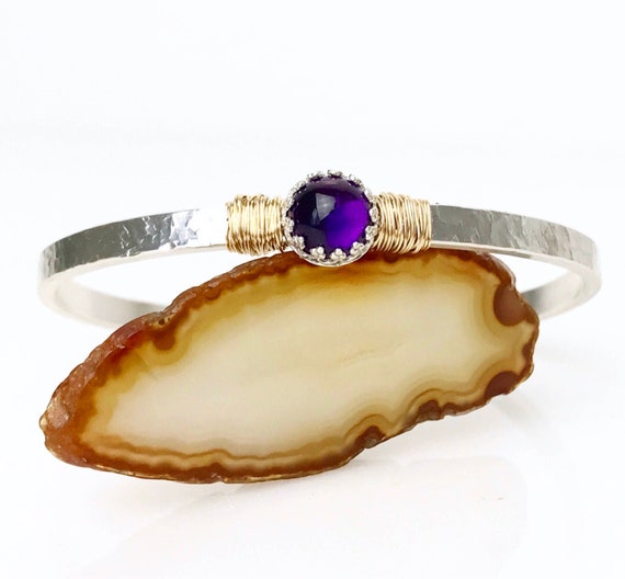 2 Ct Amethyst Deco Cuff | February Birthstone Engraved Bracelet | Purple Amethyst Jewelry | Sterling Silver Cuff | 6th Anniversary Gift