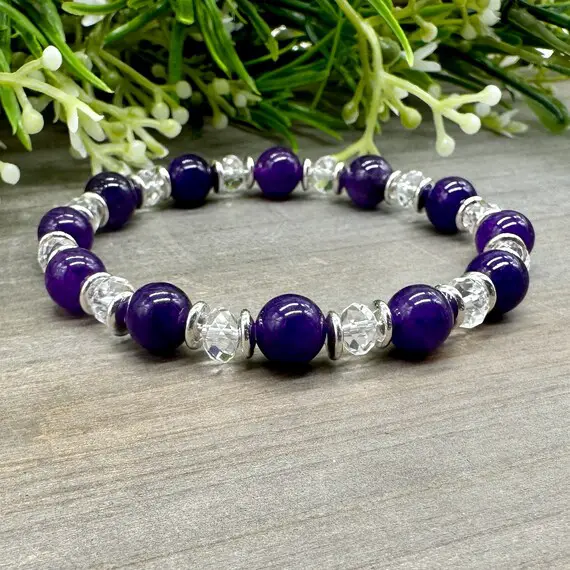 Peaceful Energy Bracelet | Genuine Purple Amethyst And Clear Quartz Natural Crystal Gemstone Bead Stretch Bracelet