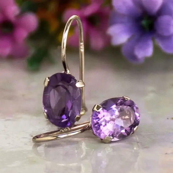 14k Solid Gold Gemstone Earrings, Amethyst Earrings, Purple Birthstone Earrings, Statement Earrings, Amethyst Jewelry, Mother's Day Gift
