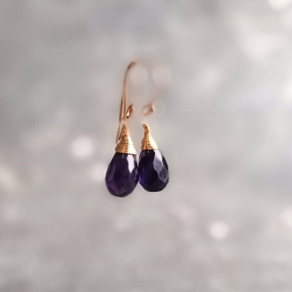 African Amethyst Earrings, Deep Purple Amethyst Wire Wrap Earrings Rose Gold Earrings, February Birthstone, Gifts For Her