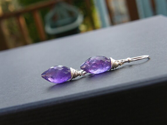 Wire Wrapped Amethyst Earrings Sterling Silver Amethyst Drop Earrings Grape Amethyst Marquises Earrings Purple Gemstone Jewellery