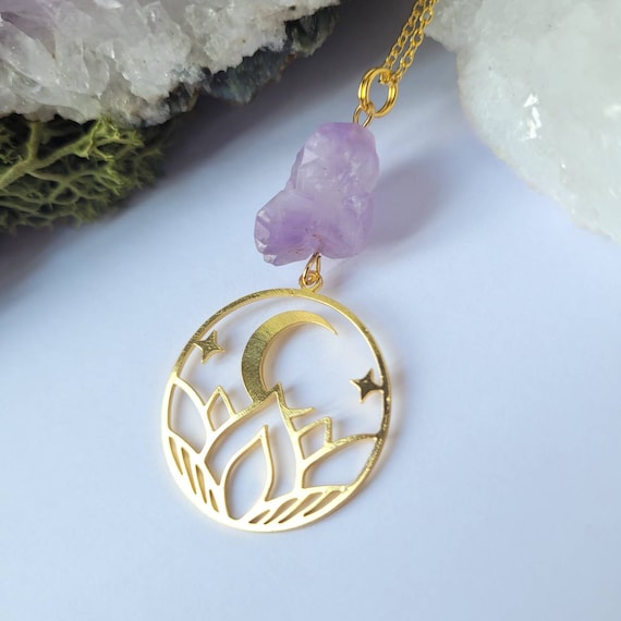 Gold Lotus Moon Amethyst Necklace - Witchy Jewellery