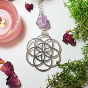 Shop Amethyst Necklaces! Protecting Amethyst Flower Of Life Necklace – Calming Crystals | Natural genuine Amethyst necklaces. Buy crystal jewelry, handmade handcrafted artisan jewelry for women.  Unique handmade gift ideas. #jewelry #beadednecklaces #beadedjewelry #gift #shopping #handmadejewelry #fashion #style #product #necklaces #affiliate #ad