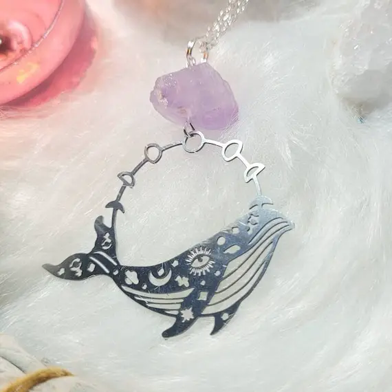 Silver Space Whale Amethyst Necklace - Witchy Jewellery