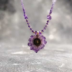 Amethyst Stalactite Flower Set In Gold Necklace, beaded Ombre Necklace, healing Crystal Necklace, one Of Kind February Birthstone, gifts For Her | Natural genuine Amethyst necklaces. Buy crystal jewelry, handmade handcrafted artisan jewelry for women.  Unique handmade gift ideas. #jewelry #beadednecklaces #beadedjewelry #gift #shopping #handmadejewelry #fashion #style #product #necklaces #affiliate #ad