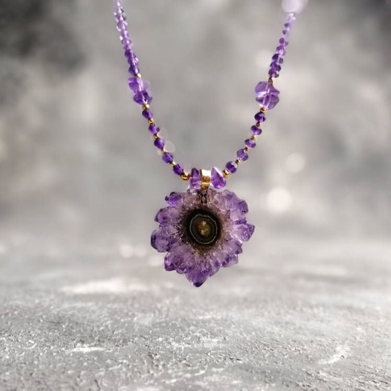 Amethyst Stalactite Flower Set In Gold Necklace,beaded Ombre Necklace,healing Crystal Necklace,one Of Kind February Birthstone,gifts For Her