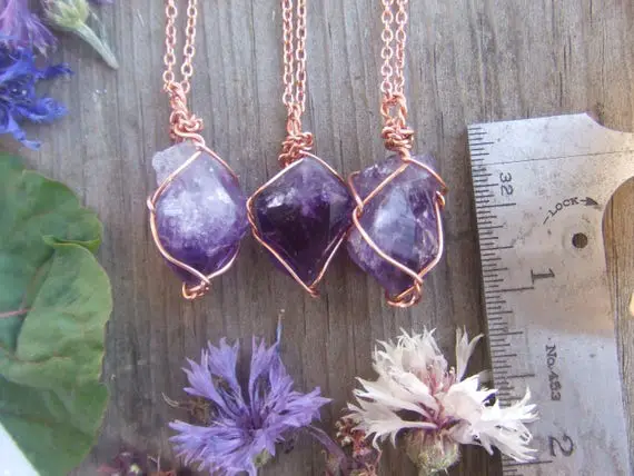 A Perfect Little  Purple Amethyst Crystal Point Wrapped In Pure Copper With A Real Leather Chord Raw Natural, Amethyst Pendant, Amethyst Nec