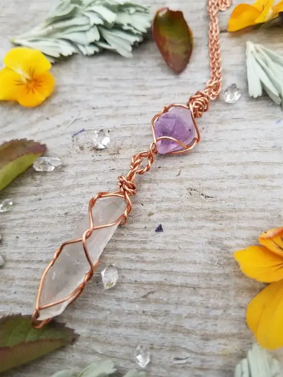 Raw Amethyst Over Raw Clear Quartz Crystal Wire Wrapped Pendant In Pure Copper, Quartz  Pendant, Amethyst Necklace, High Quality Crystal