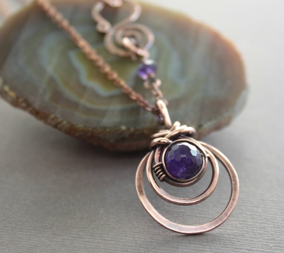 Woven Necklace With Amethyst Stone, Round Pendant, Gemstone Necklace, Copper Necklace, Graduated Circles Necklace, Unique Necklace - Nk009