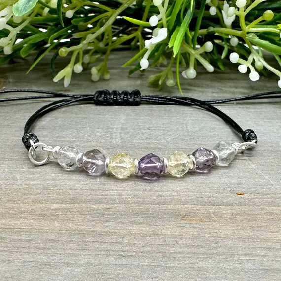 Genuine Faceted Ametrine 7 Stone Nylon Cord Knotted Adjustable Bracelet - One Size Fits Most