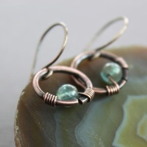 Shop Apatite Earrings! Short Cute Hoop Copper Earrings With Apatite Stone – Dangle Earrings – Short Earrings – Small Earrings – Minimalist Earrings – Er051 | Natural genuine Apatite earrings. Buy crystal jewelry, handmade handcrafted artisan jewelry for women.  Unique handmade gift ideas. #jewelry #beadedearrings #beadedjewelry #gift #shopping #handmadejewelry #fashion #style #product #earrings #affiliate #ad