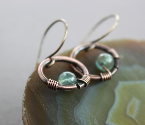 Short Cute Hoop Copper Earrings With Apatite Stone - Dangle Earrings - Short Earrings - Small Earrings - Minimalist Earrings - Er051
