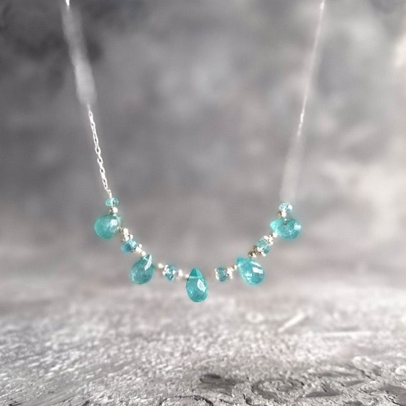 Sky Blue Apatite Necklace Throat Chakra Healing Jewelry Apatite Tearops Necklace Beaded Chocker Necklace Silver Necklace Gifts For Her
