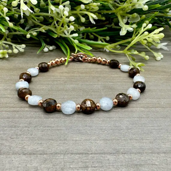 Calming Courage Bracelet | Genuine Aquamarine And Bronzite Faceted Coin Bead Bracelet With Copper Toggle Clasp