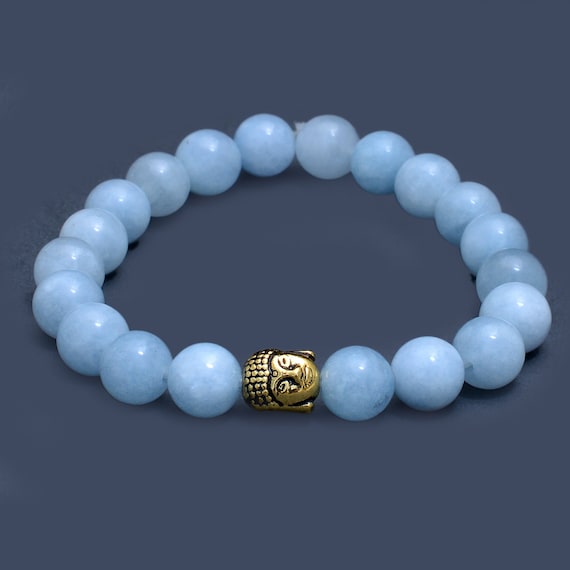 Natural Aquamarine Stretch Bracelet-10mm Blue Aquamarine Smooth Round Beads Bracelet-beaded Bracelet-buddha Face Charm Aqua Beads Bracelet