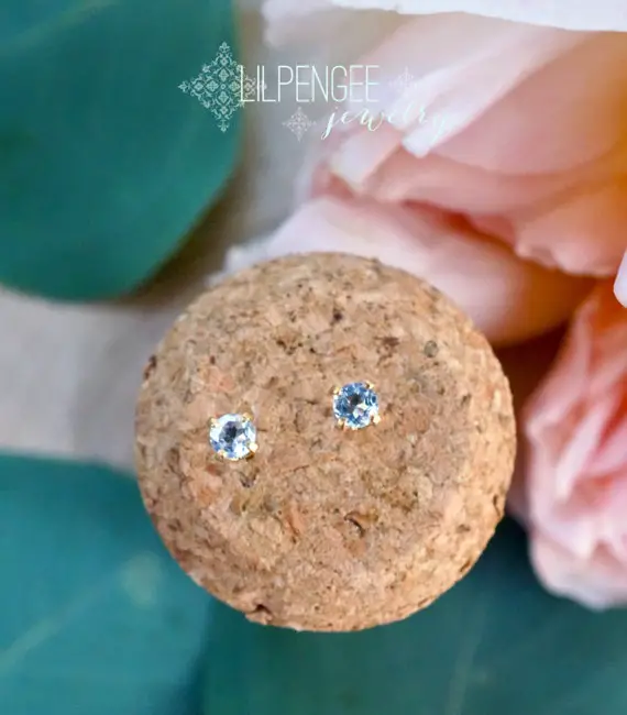 Cloud - 3mm Blue Aquamarine Earrings. Baby Blue Gemstone Studs. Tiny Gem Stud. Gold Or Silver