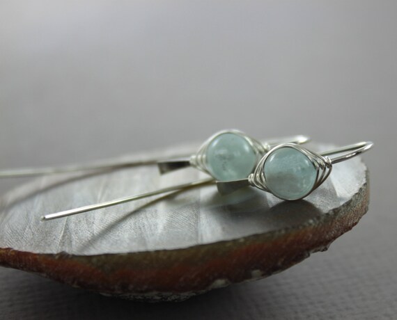 Funky Sterling Silver Threader Earrings With Aquamarine Stones, Aquamarine Earrings, Long Wire Earrings, Gemstone Earrings - Er083