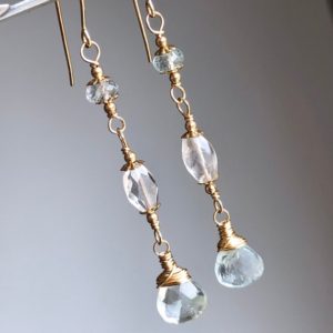 Shop Aquamarine Earrings! Aquamarine Earrings Gold Filled Wire Wrapped Natural Blue Gemstone Bohemian Statement Long Dangle Drops Birthday Holiday Gift For Her 7077 | Natural genuine Aquamarine earrings. Buy crystal jewelry, handmade handcrafted artisan jewelry for women.  Unique handmade gift ideas. #jewelry #beadedearrings #beadedjewelry #gift #shopping #handmadejewelry #fashion #style #product #earrings #affiliate #ad
