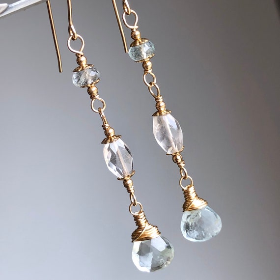 Aquamarine Earrings Gold Filled Wire Wrapped Natural Blue Gemstone Bohemian Statement Long Dangle Drops Birthday Holiday Gift For Her 7077