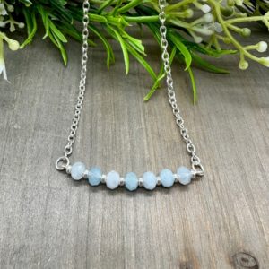 Shop Aquamarine Necklaces! Genuine Aquamarine Gemstone Faceted Rondelle Bead Bar Silver Plated Chain 18 inch Necklace | March Birthstone Necklace | Natural genuine Aquamarine necklaces. Buy crystal jewelry, handmade handcrafted artisan jewelry for women.  Unique handmade gift ideas. #jewelry #beadednecklaces #beadedjewelry #gift #shopping #handmadejewelry #fashion #style #product #necklaces #affiliate #ad