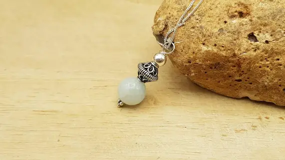 Small Minimalist Aquamarine Pendant Necklace. Bali Silver Beads. Gemstone Reiki Jewelry Uk. March Birthstone. 10mm Stone