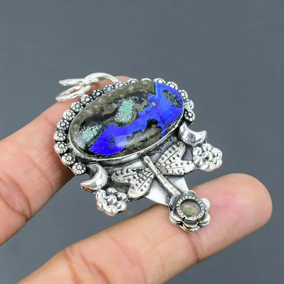 Azurite Malachite Pendant 925 Sterling Silver Pendant Statement Jewelry Gemstone Pendant Handmade Jewelry Dragonfly Pendant Anniversary Gift