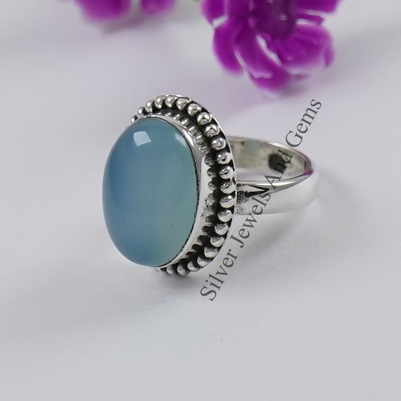 Blue Chalcedony Ring, 925 Silver Ring, Birthday Gift, Handmade Ring, Oval Chalcedony Ring, Sagittarius Birthstone, Gift For Her, Boho Ring
