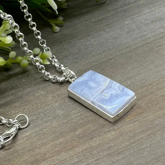 Genuine Blue Lace Agate Rectangle Cabochon Focal Stone Pendant | Set In .925 Sterling Silver With 19 Inch Silver Plated Rolo Chain
