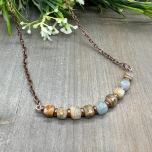 Shop Calcite Necklaces! Aquatine Calcite Gemstone Faceted Cube Bead Bar Copper Chain 18 inch Necklace | Natural genuine Calcite necklaces. Buy crystal jewelry, handmade handcrafted artisan jewelry for women.  Unique handmade gift ideas. #jewelry #beadednecklaces #beadedjewelry #gift #shopping #handmadejewelry #fashion #style #product #necklaces #affiliate #ad