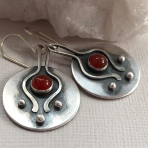 Rustic Sterling silver earrings with Carnelian gemstone cabochon, Modern handcrafted silver earrings with gemstone cabochon. | Natural genuine Carnelian jewelry. Buy crystal jewelry, handmade handcrafted artisan jewelry for women.  Unique handmade gift ideas. #jewelry #beadedjewelry #beadedjewelry #gift #shopping #handmadejewelry #fashion #style #product #jewelry #affiliate #ad