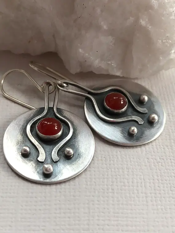 Rustic Sterling Silver Earrings With Carnelian Gemstone Cabochon, Modern Handcrafted Silver Earrings With Gemstone Cabochon.