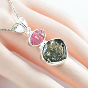 Shop Moldavite Necklaces! Carved Moldavite Necklace with Tourmaline, Sterling Silver Pendant | Natural genuine Moldavite necklaces. Buy crystal jewelry, handmade handcrafted artisan jewelry for women.  Unique handmade gift ideas. #jewelry #beadednecklaces #beadedjewelry #gift #shopping #handmadejewelry #fashion #style #product #necklaces #affiliate #ad