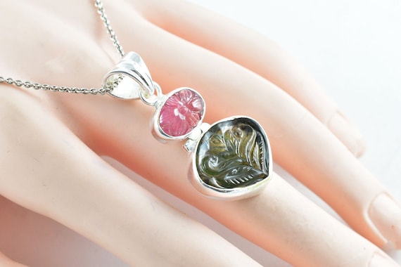 Carved Moldavite Necklace With Tourmaline, Sterling Silver Pendant