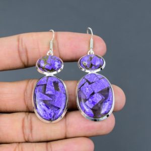 Shop Charoite Earrings! Copper Charoite Earring 925 Sterling Silver Earrings Natural Gemstone Jewelry Handmade Earring Gift For Mother Designer Jewelry Drop Earring | Natural genuine Charoite earrings. Buy crystal jewelry, handmade handcrafted artisan jewelry for women.  Unique handmade gift ideas. #jewelry #beadedearrings #beadedjewelry #gift #shopping #handmadejewelry #fashion #style #product #earrings #affiliate #ad