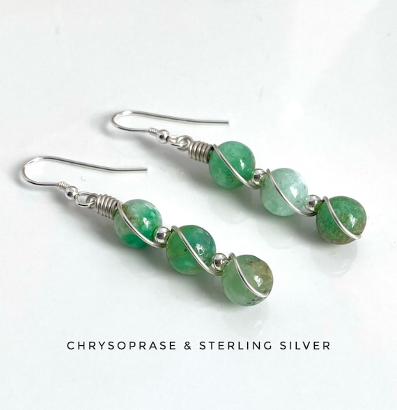 Chrysoprase, Drop Crystal Earrings, Sterling Silver, Gift For Wife, Mint Green Earrings