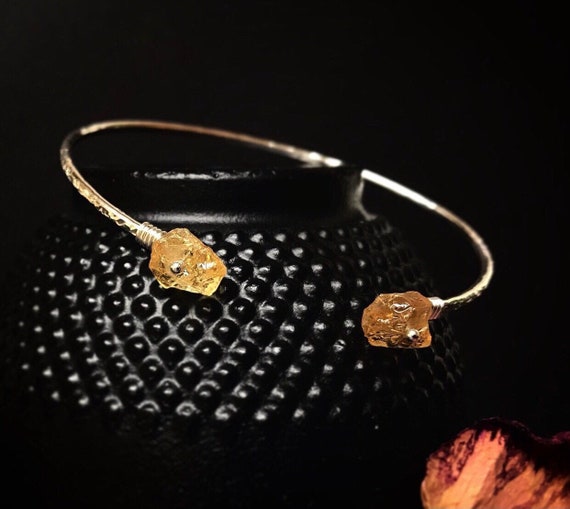 Citrine Double Callow Cuff | Unique Minimalist Birthstone Cuff Bracelet | 14kt Gold Sterling Silver Dainty Raw Rough Citrine Jewelry For Her